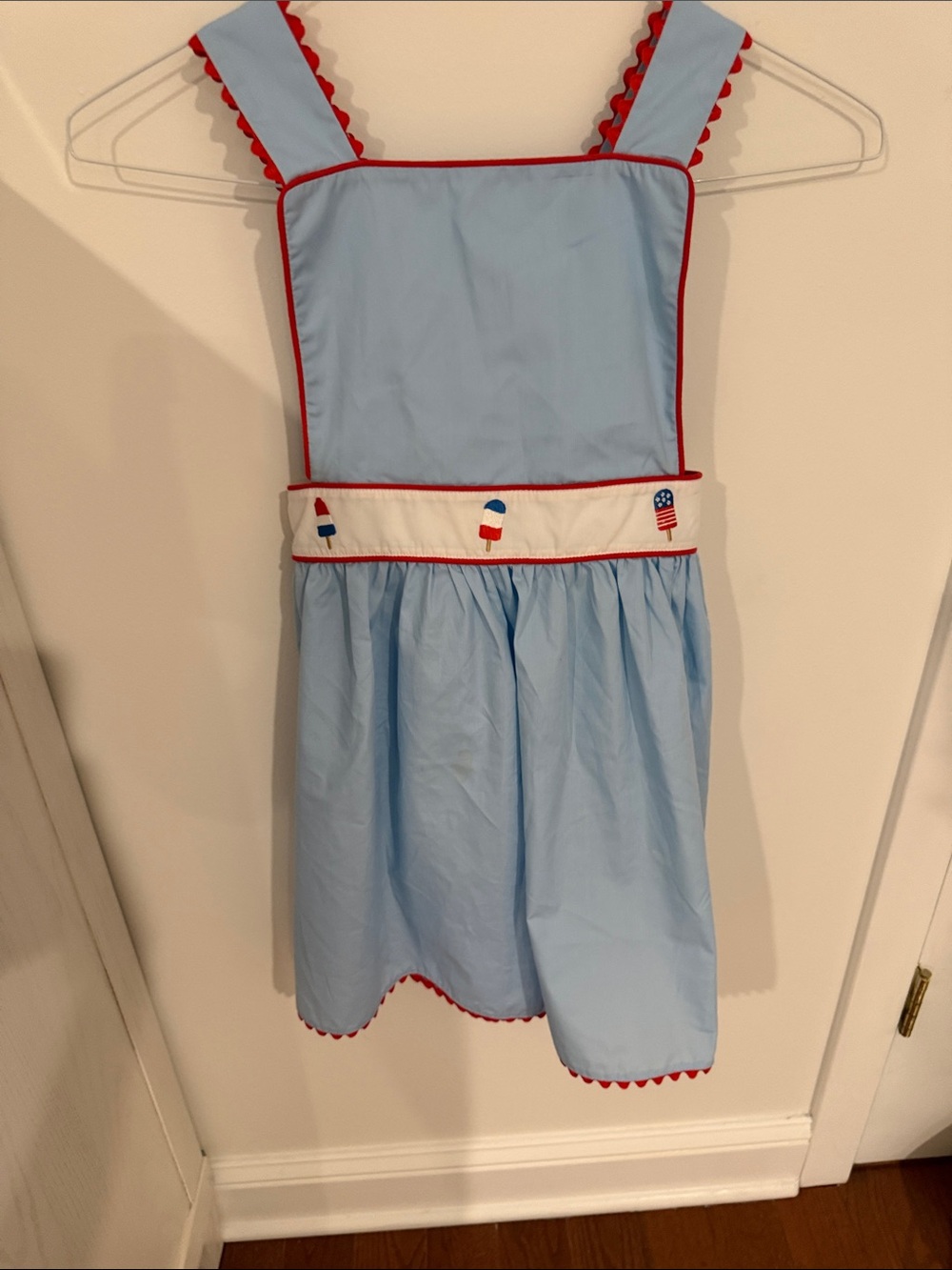 Girls' Light Blue Pinafore Dress with Red Trim and Patriotic Appliqué